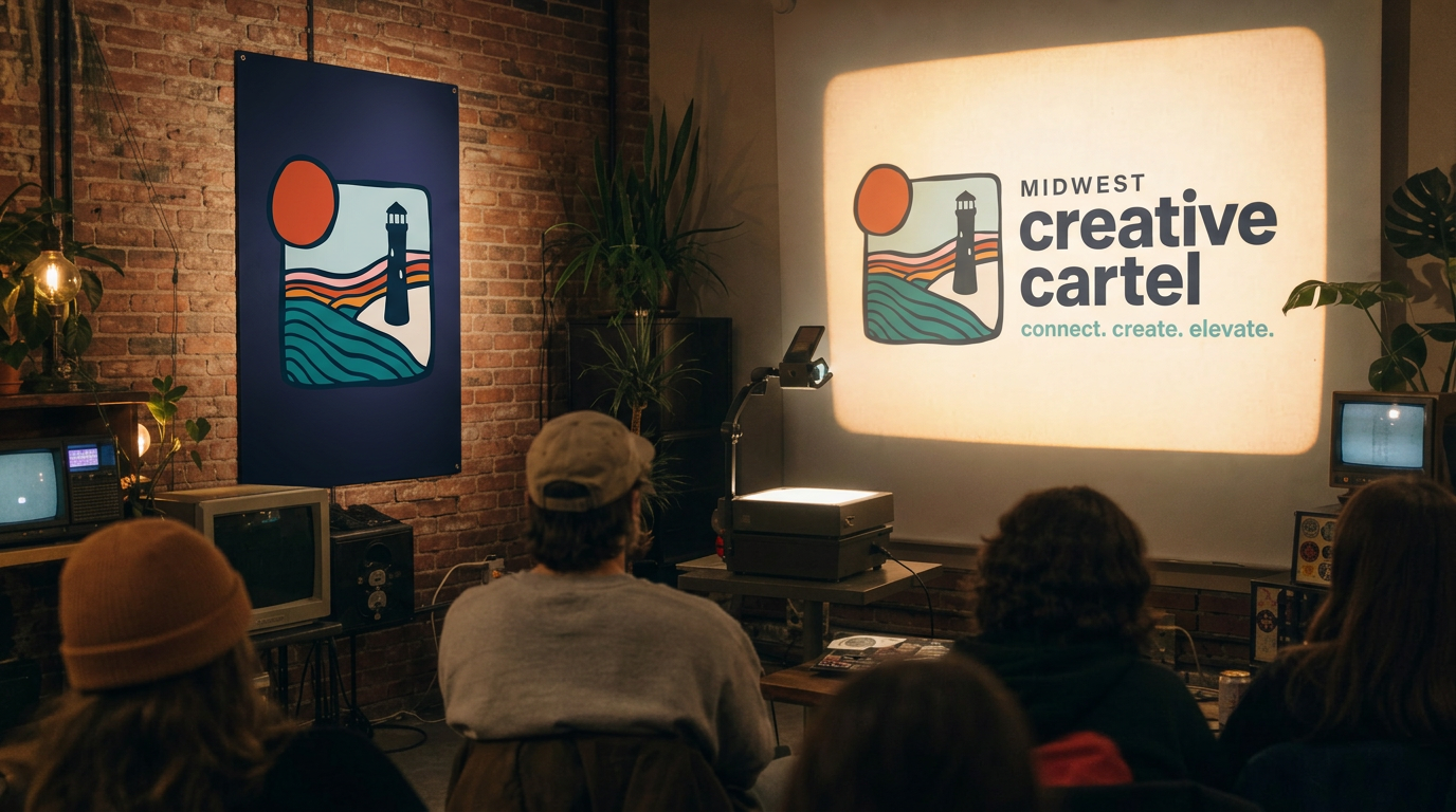 Midwest Creative Cartel meetup with branded signage and projector