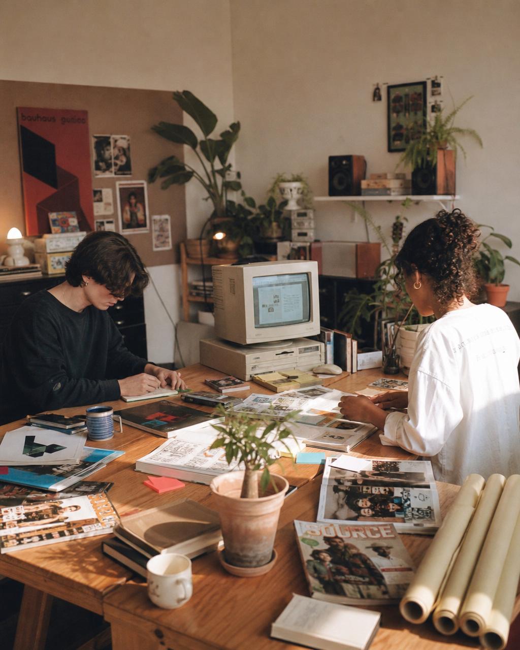 Two creatives working together at a nostalgic creative desk with an old-school computer