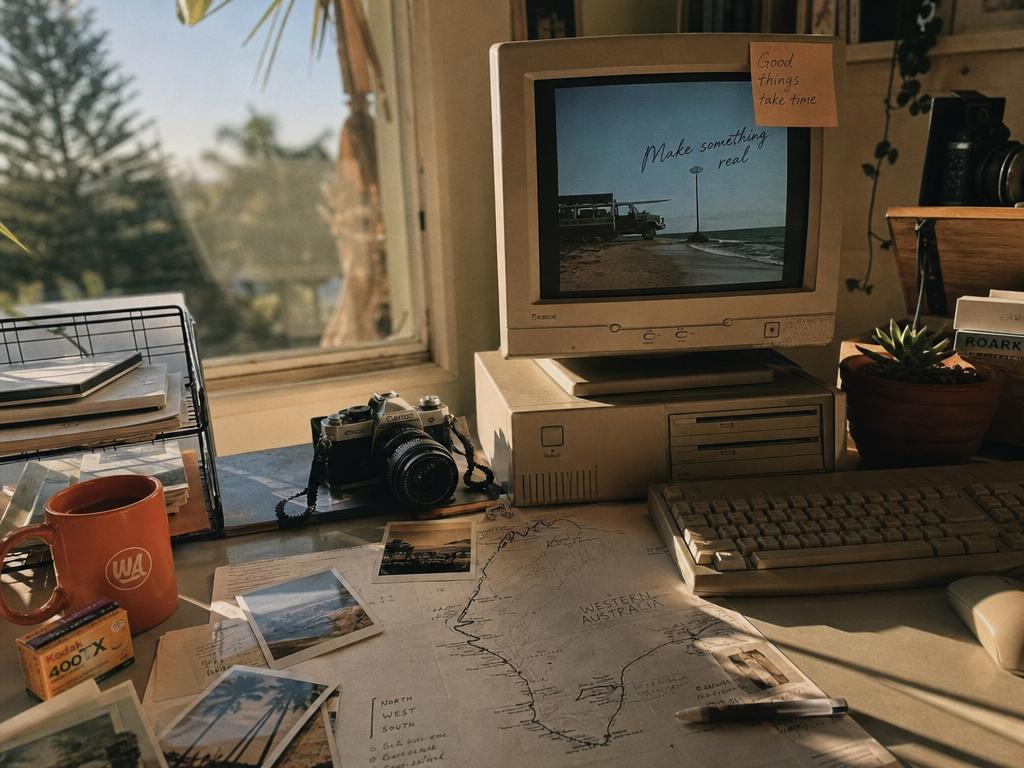 A nostalgic creative studio desk with an old-school computer, film camera and a hand-drawn Western Australia map